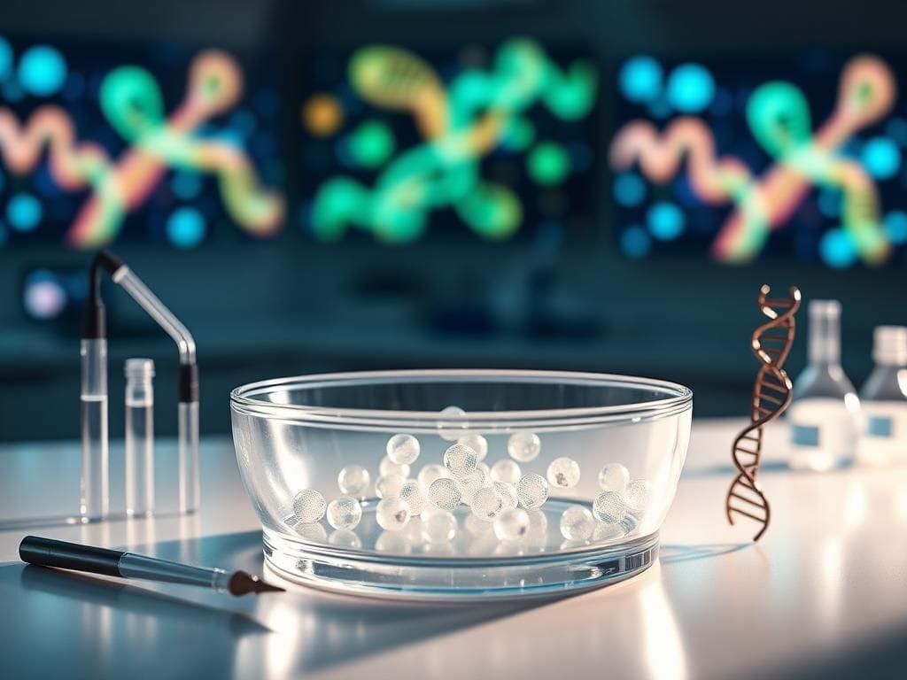 Flick International Serene laboratory showcasing genetic research with petri dish and embryos