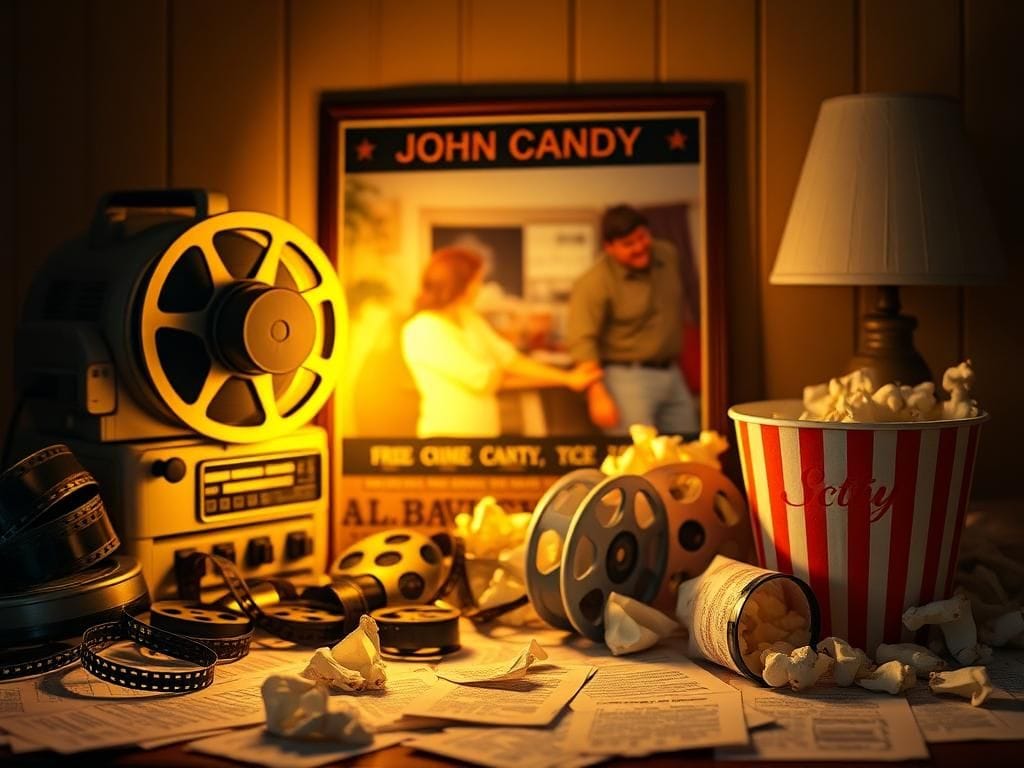 Flick International Nostalgic tribute to John Candy featuring a vintage film projector and iconic memorabilia