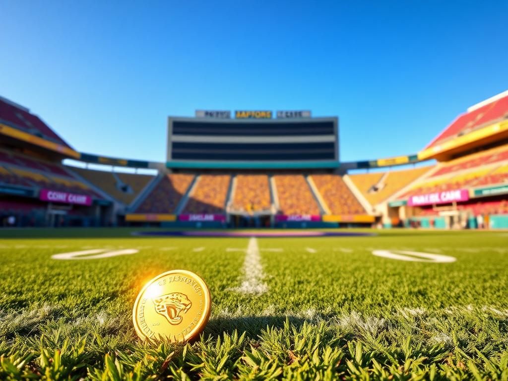 Flick International A young cancer warrior stands proudly on a vibrant football field during the coin toss at a Jacksonville Jaguars game.