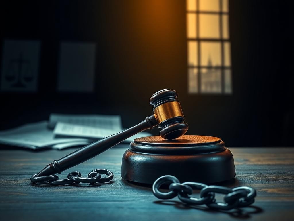 Flick International Dramatic courtroom scene with a gavel on a judge's bench