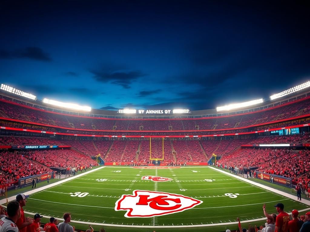 Flick International A panoramic view of Arrowhead Stadium during a nighttime football game, highlighting the vibrant atmosphere and Kansas City Chiefs logo.