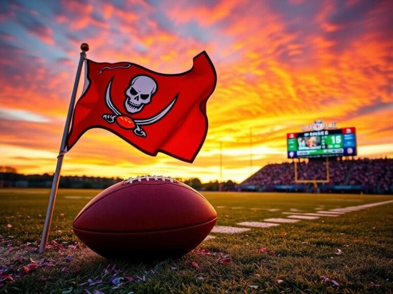 Flick International A dynamic football field at sunset with a Buccaneers flag and a football on the 50-yard line