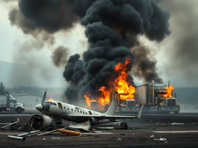 Flick International Debris from small plane crash in Fort Worth with burning trucks in the background