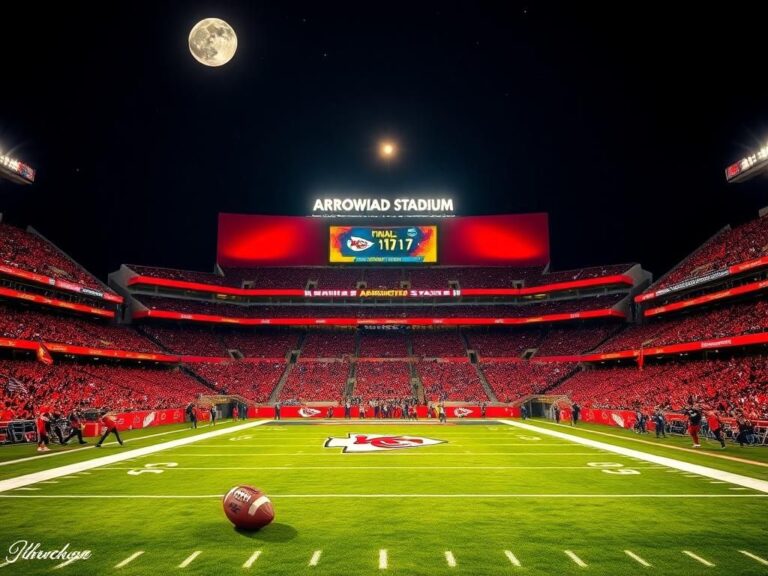 Flick International A vibrant nighttime view of Arrowhead Stadium showcasing the Kansas City Chiefs' colors and energetic atmosphere.