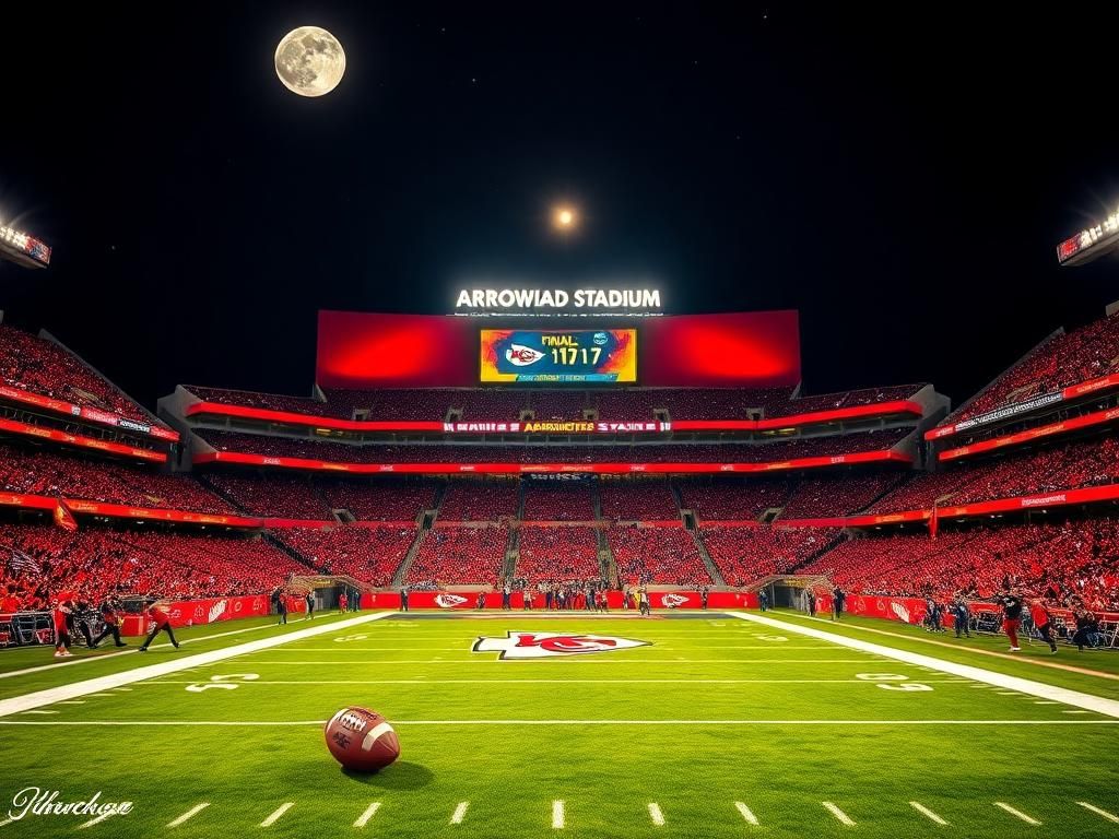 Flick International A vibrant nighttime view of Arrowhead Stadium showcasing the Kansas City Chiefs' colors and energetic atmosphere.