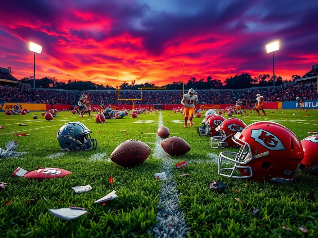 Flick International Intense football game aftermath featuring Lions and Chiefs team colors