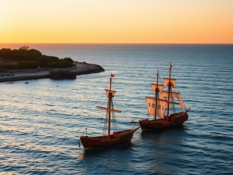 Flick International Serene sunrise over the historical waterfront of Huelva, Spain, featuring replica ships Nina, Pinta, and Santa Maria