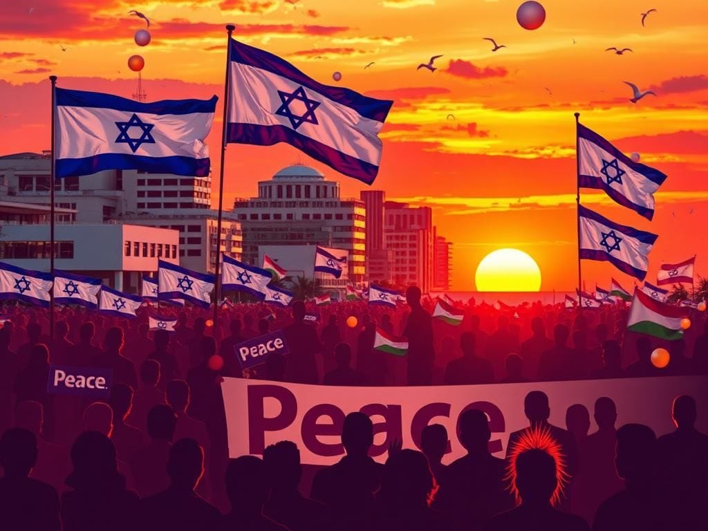 Flick International Crowd celebrating peace in Tel Aviv with Israeli flags