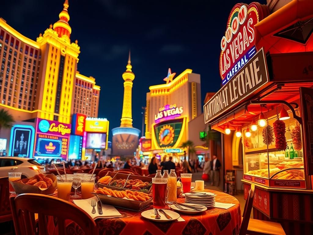 Flick International Vibrant view of the Las Vegas Strip with expensive dining items and affordable street food.