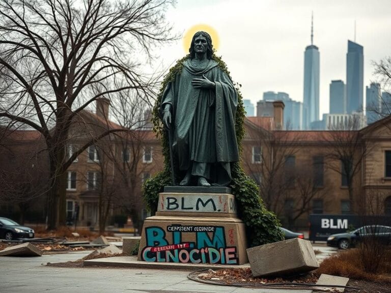 Flick International Weathered statue of Christopher Columbus partially obscured by overgrown vines and graffiti in an urban park
