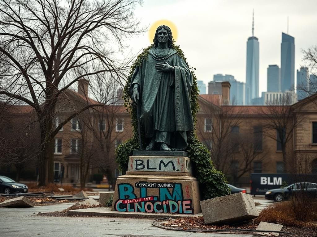 Flick International Weathered statue of Christopher Columbus partially obscured by overgrown vines and graffiti in an urban park
