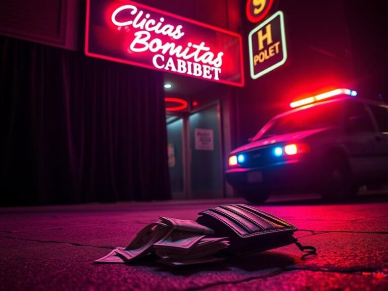Flick International Dimly lit exterior of Chicas Bonitas Cabaret strip club with discarded wallet and police presence