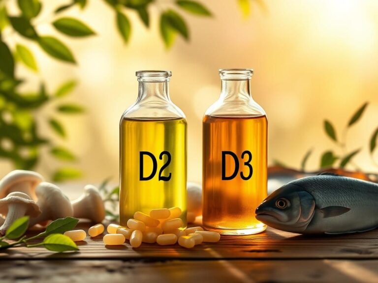 Flick International Two distinct vitamin supplements D2 and D3 in glass bottles with natural elements