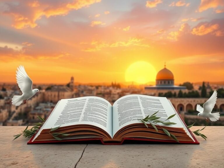 Flick International Vibrant sunrise over Jerusalem with olive branches and doves symbolizing peace