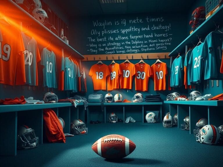 Flick International Miami Dolphins locker room with jerseys and gear emphasizing teamwork and accountability
