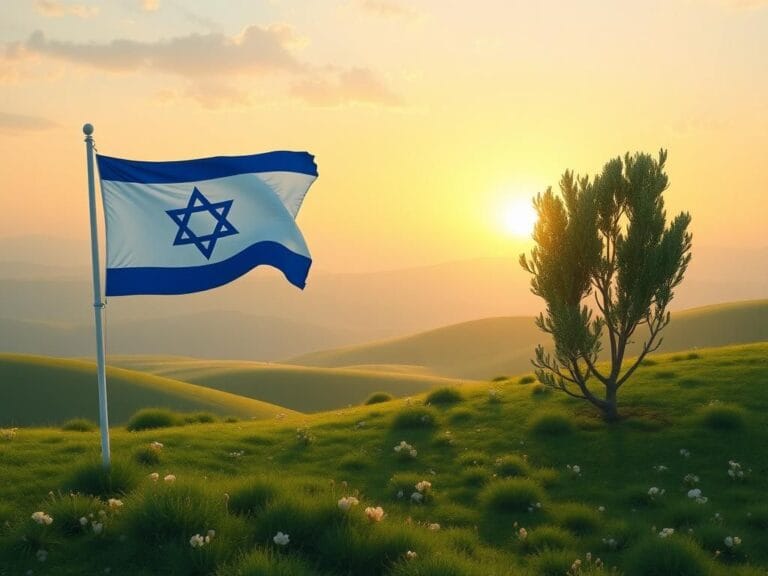 Flick International Serene landscape depicting the borders of Israel and Gaza with the Israeli flag and olive tree symbolizing peace