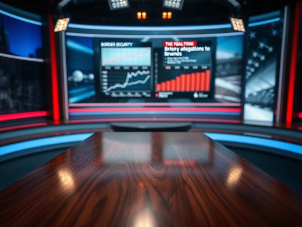 Flick International Tense news studio scene with polished wooden table and modern screen displaying bribery allegations