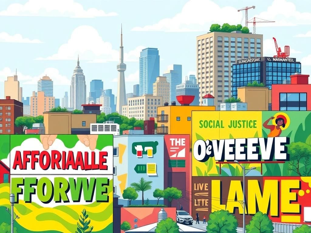 Flick International Colorful urban scene with murals representing progressive values