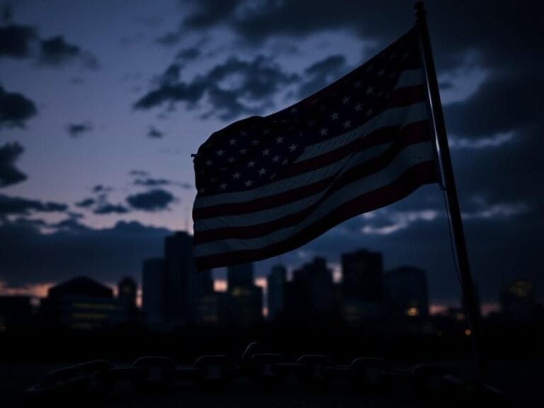 Flick International American flag billowing in the wind with a broken chain symbolizing resistance and division against Sharia law