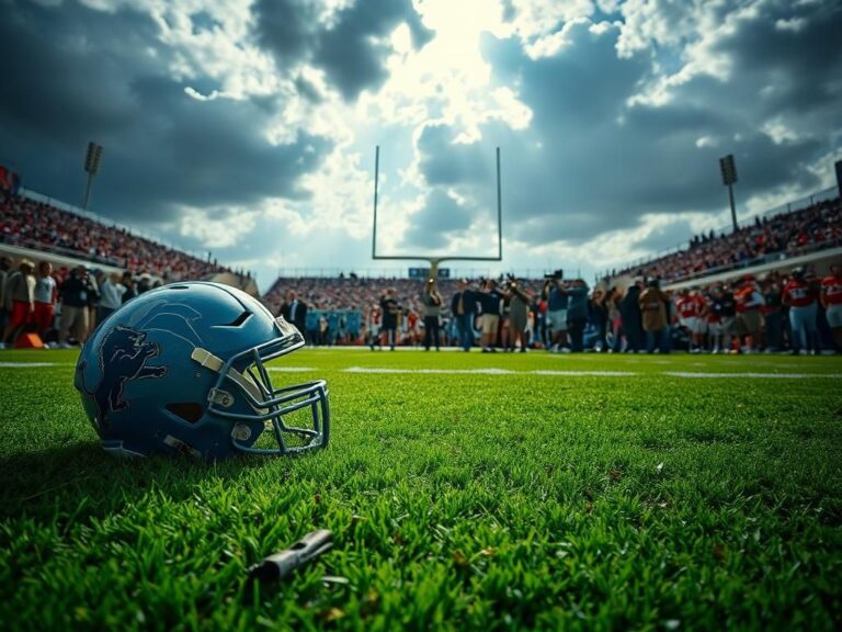 Flick International A dramatic scene on a football field after a heated NFL game with a discarded football helmet on the turf.