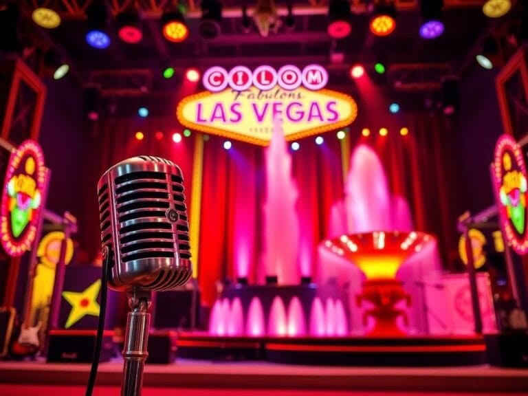 Flick International Vibrant stage set at a live rock concert featuring colorful lights and musical instruments