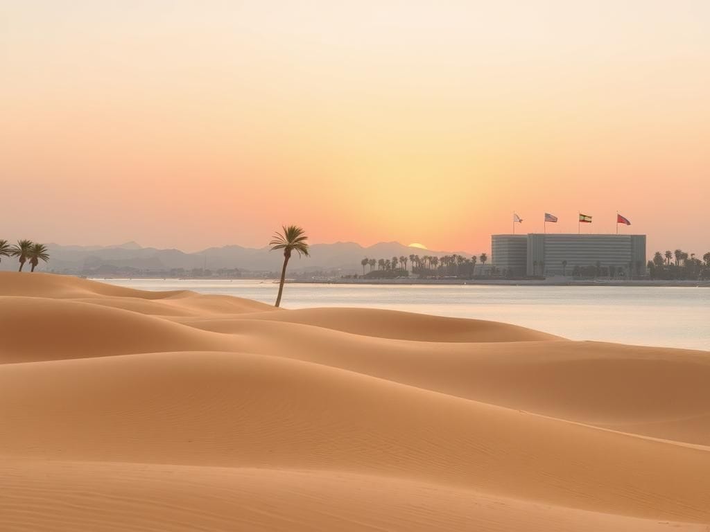 Flick International Serene landscape of Sharm el-Sheikh resort town with sand dunes and a sunset