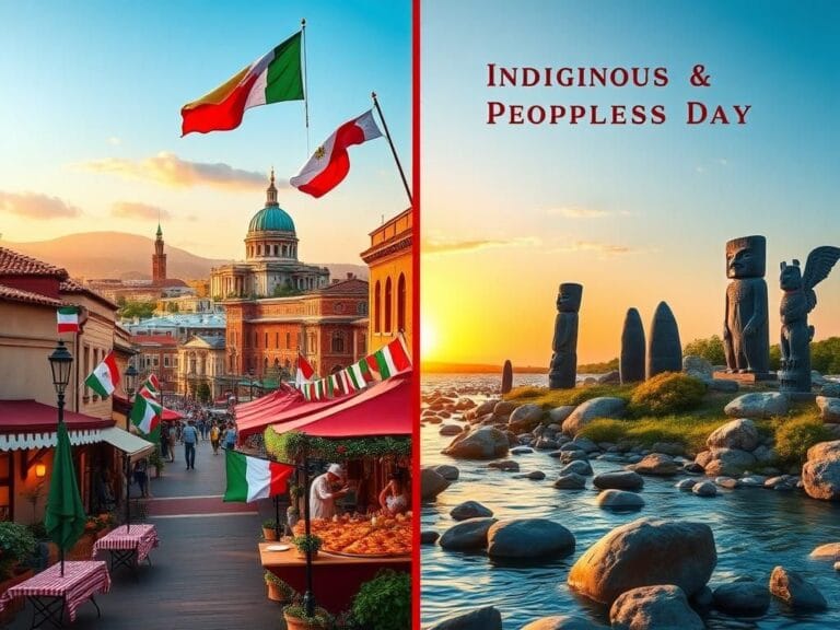 Flick International Split scene contrasting Columbus Day and Indigenous Peoples Day with cultural representations