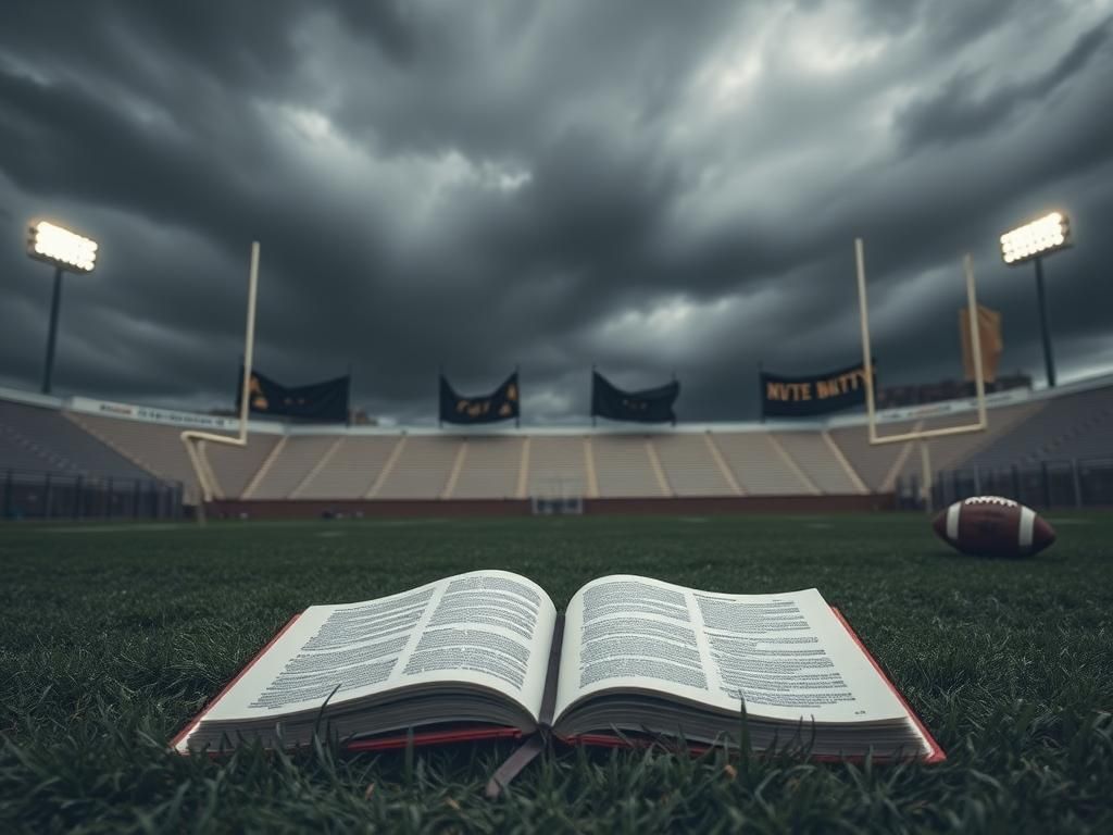 Flick International Dramatic scene of an empty football field under an overcast sky