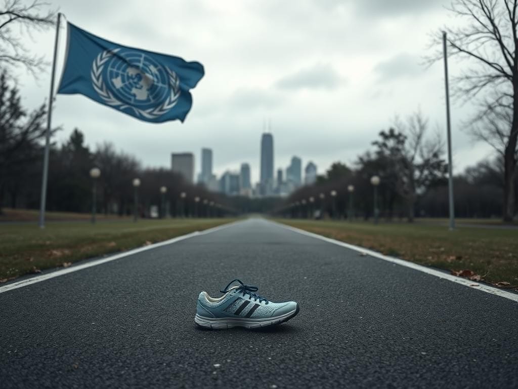 Flick International A somber city park with an empty running path and abandoned shoes symbolizing recent fundraising efforts