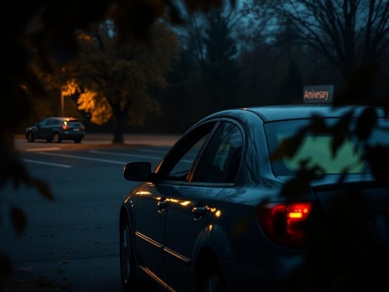 Flick International Somber scene of a parked car with flashing hazard lights in a quiet parking lot