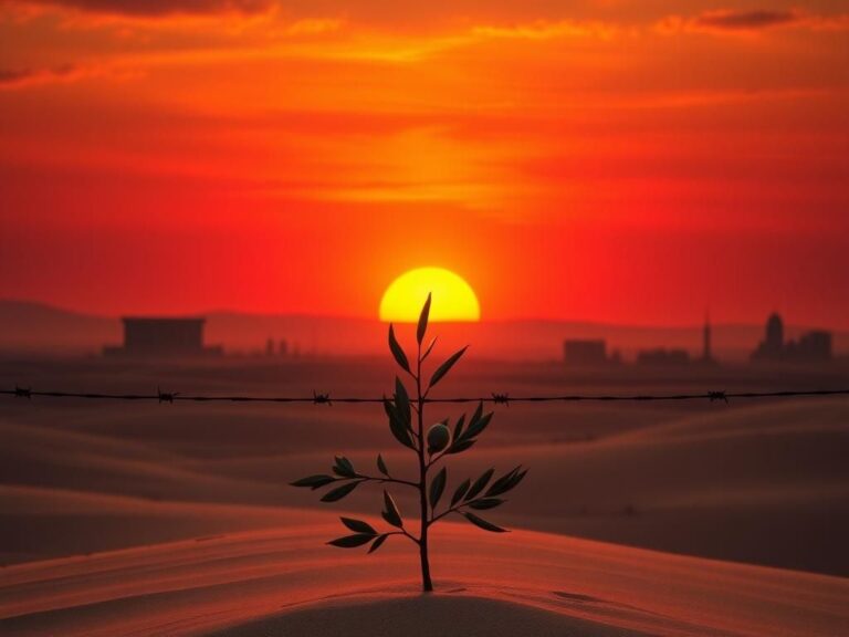 Flick International Dramatic landscape of the Middle East featuring modern structures and ancient ruins at sunset