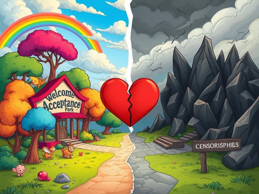 Flick International Surreal depiction contrasting acceptance and censorship in a cartoonish landscape