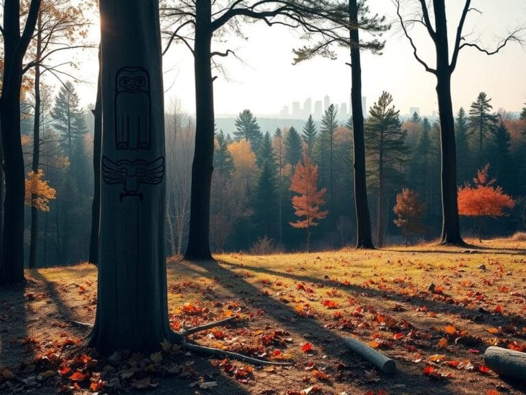 Flick International A serene landscape representing Indigenous Peoples' Day with a totem pole, autumn leaves, and Buffalo's skyline.