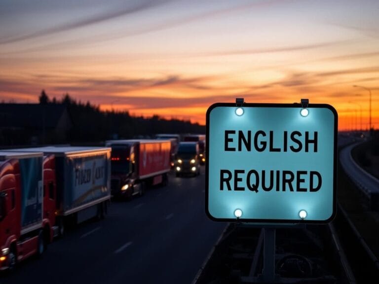 Flick International A busy highway scene at dusk featuring semi-trucks in traffic with road signs in English