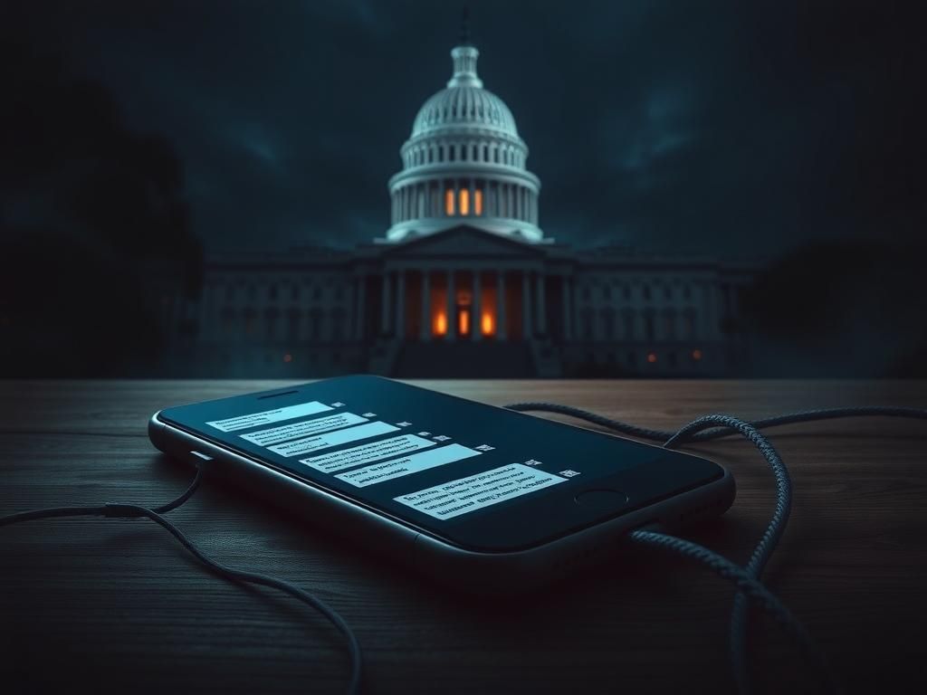 Flick International Dark shadowy capitol building with an ominous smartphone representing privacy invasions