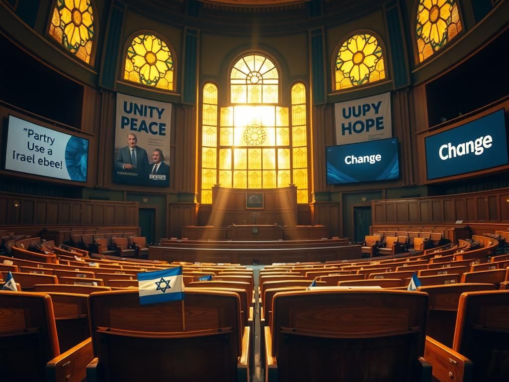 Flick International Empty Israeli Knesset chamber with polished wood benches and small Israeli flags