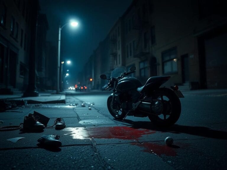 Flick International Dark urban street at night with a fallen motorcycle and debris after a tragic hit-and-run incident