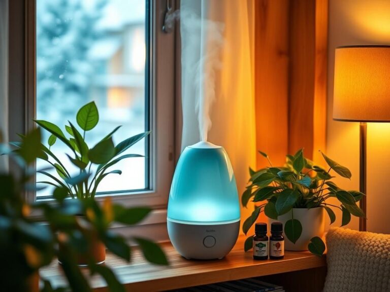 Flick International Cozy indoor scene with a stylish humidifier surrounded by lush green plants and soft lighting.