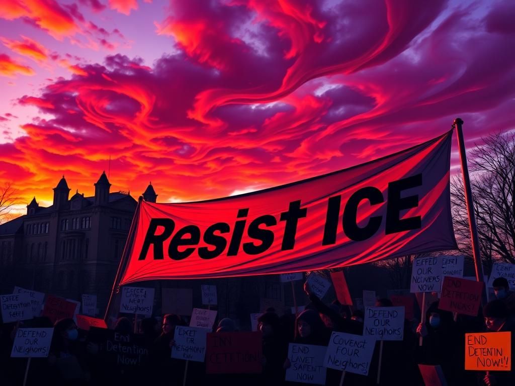 Flick International Large colorful banner saying 'Resist ICE' at a protest with various signs advocating for community justice