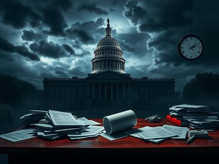 Flick International Dimly lit Capitol building amidst ominous storm clouds, symbolizing governmental turmoil.