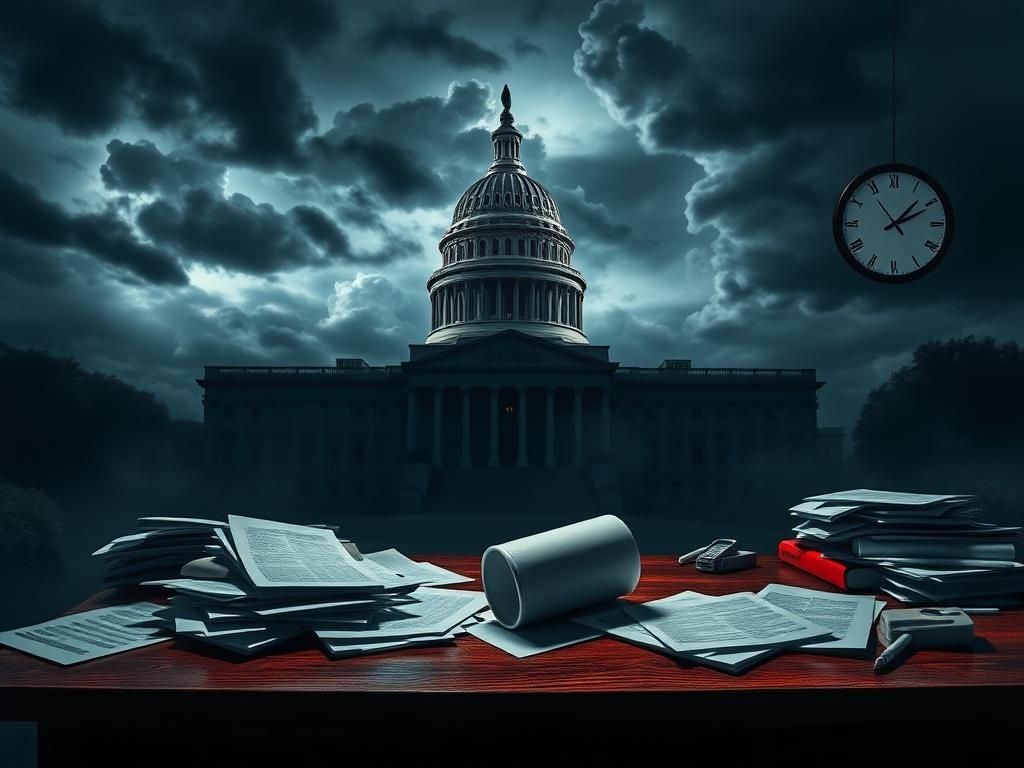 Flick International Dimly lit Capitol building amidst ominous storm clouds, symbolizing governmental turmoil.