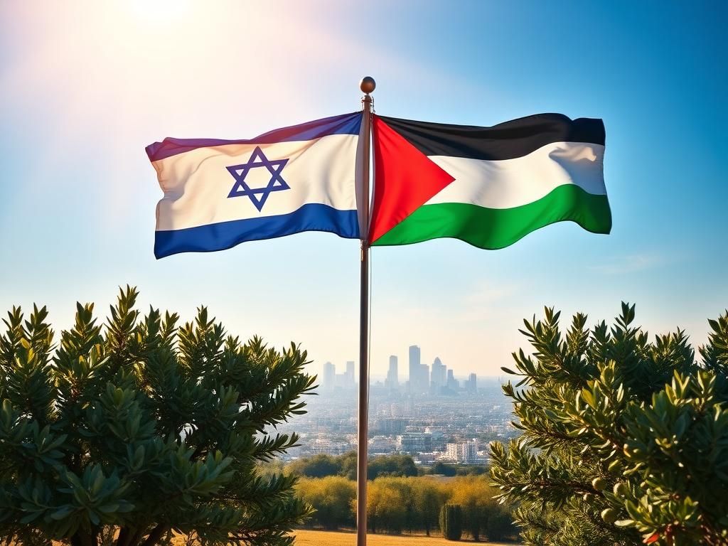 Flick International Two entwined flags of Israel and Palestine waving in a peaceful landscape