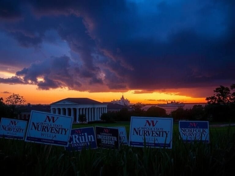 Flick International Dramatic sunset view of Norfolk State University campus with political campaign signs