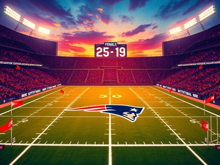 Flick International New England Patriots logo at midfield on a stadium field filled with penalty flags