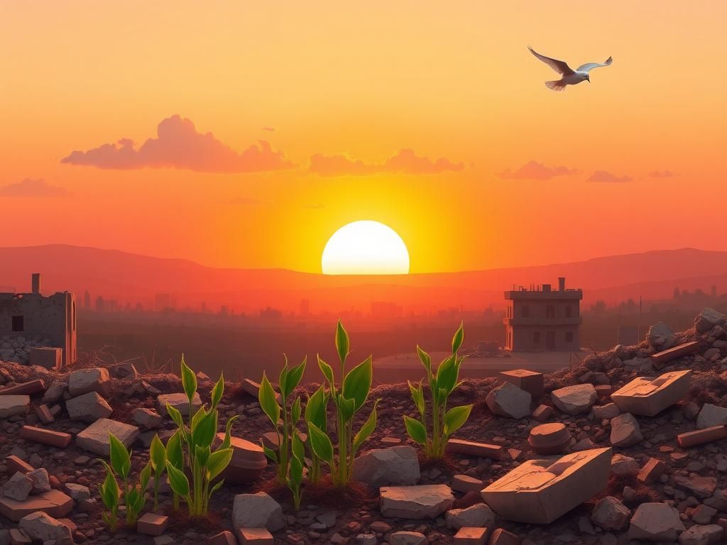 Flick International A serene sunset over a war-torn area, symbolizing hope and recovery.