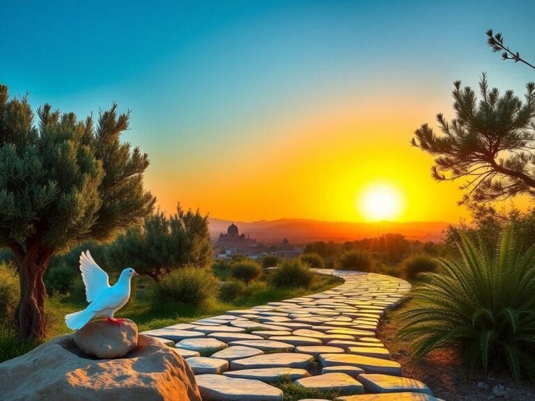 Flick International Serene landscape of the Middle East with ancient olive trees and a symbolic white dove representing peace.