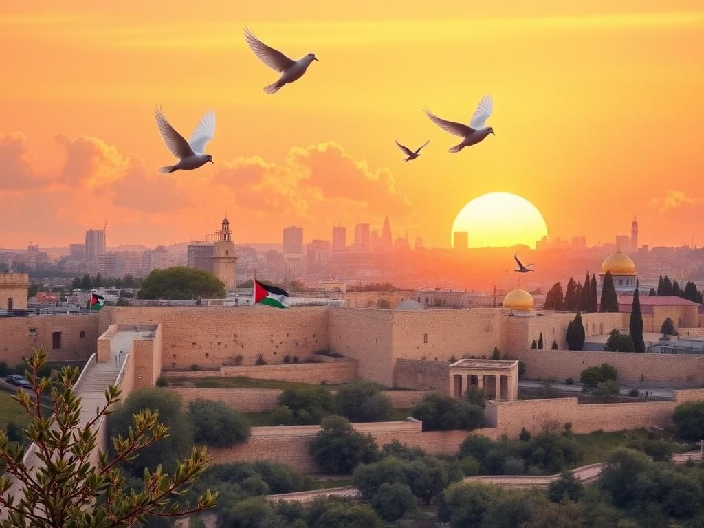 Flick International Peaceful sunrise over the Western Wall in Jerusalem with doves and olive branches symbolizing hope