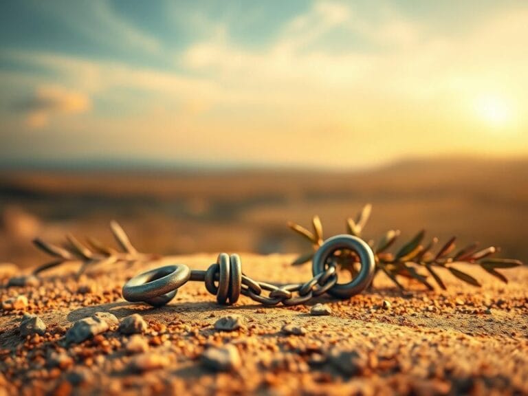 Flick International A pair of broken chains symbolizing freedom and peace, surrounded by olive branches