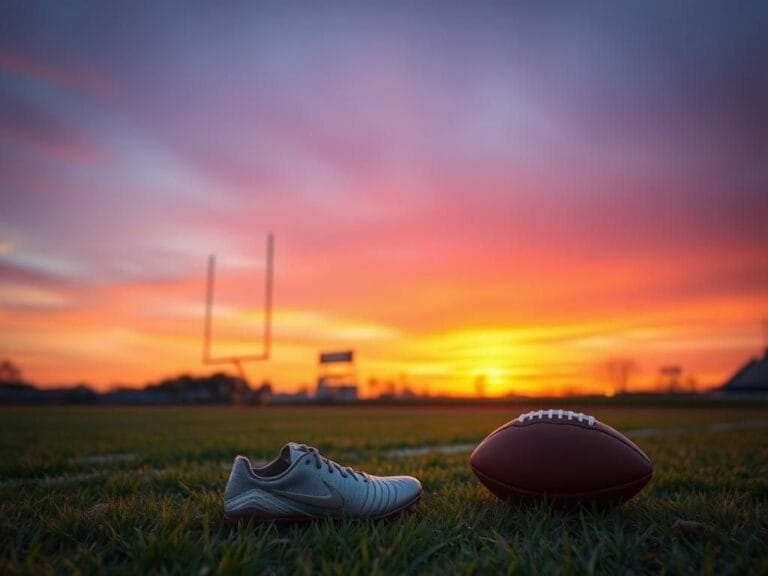 Flick International Sunset over an empty football field with abandoned cleats and a football