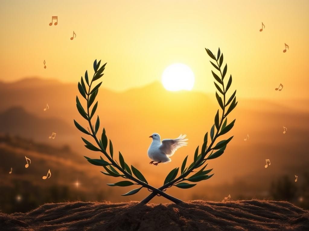 Flick International A serene sunlit landscape symbolizing hope with intertwined olive branches and a white dove.